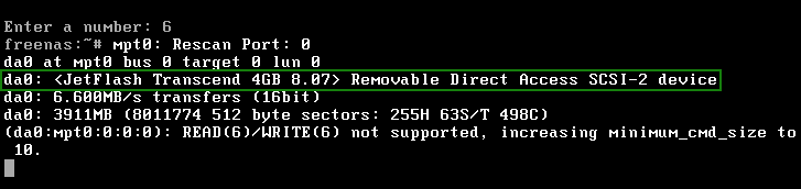 Определение флешки в консоли FreeNAS